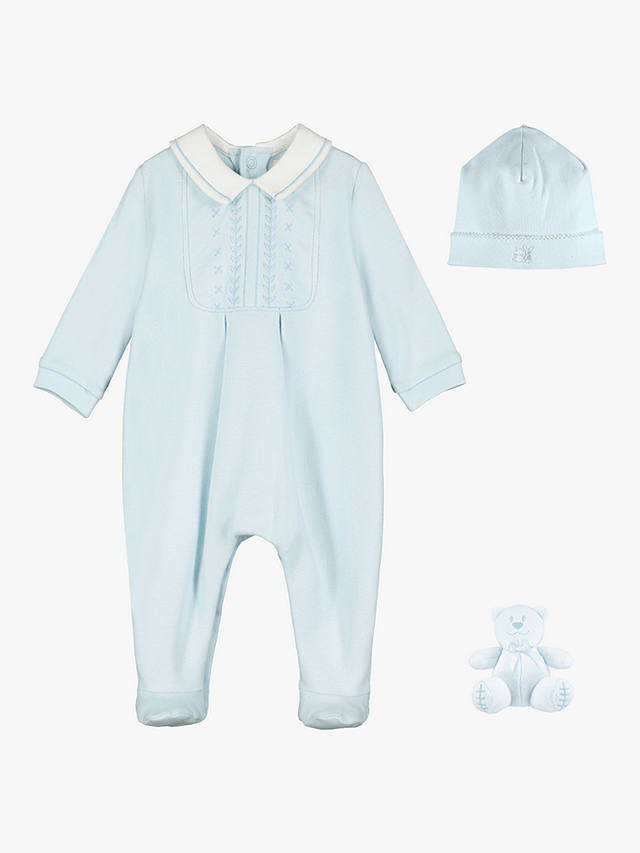 Emile et Rose Baby Malcolm Embroidered All-in-One Sleepsuit and Hat Set, Blue
