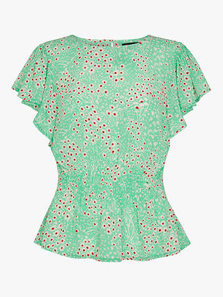 Whistles Daisy Meadow Frill Sleeve Top, Green/Multi