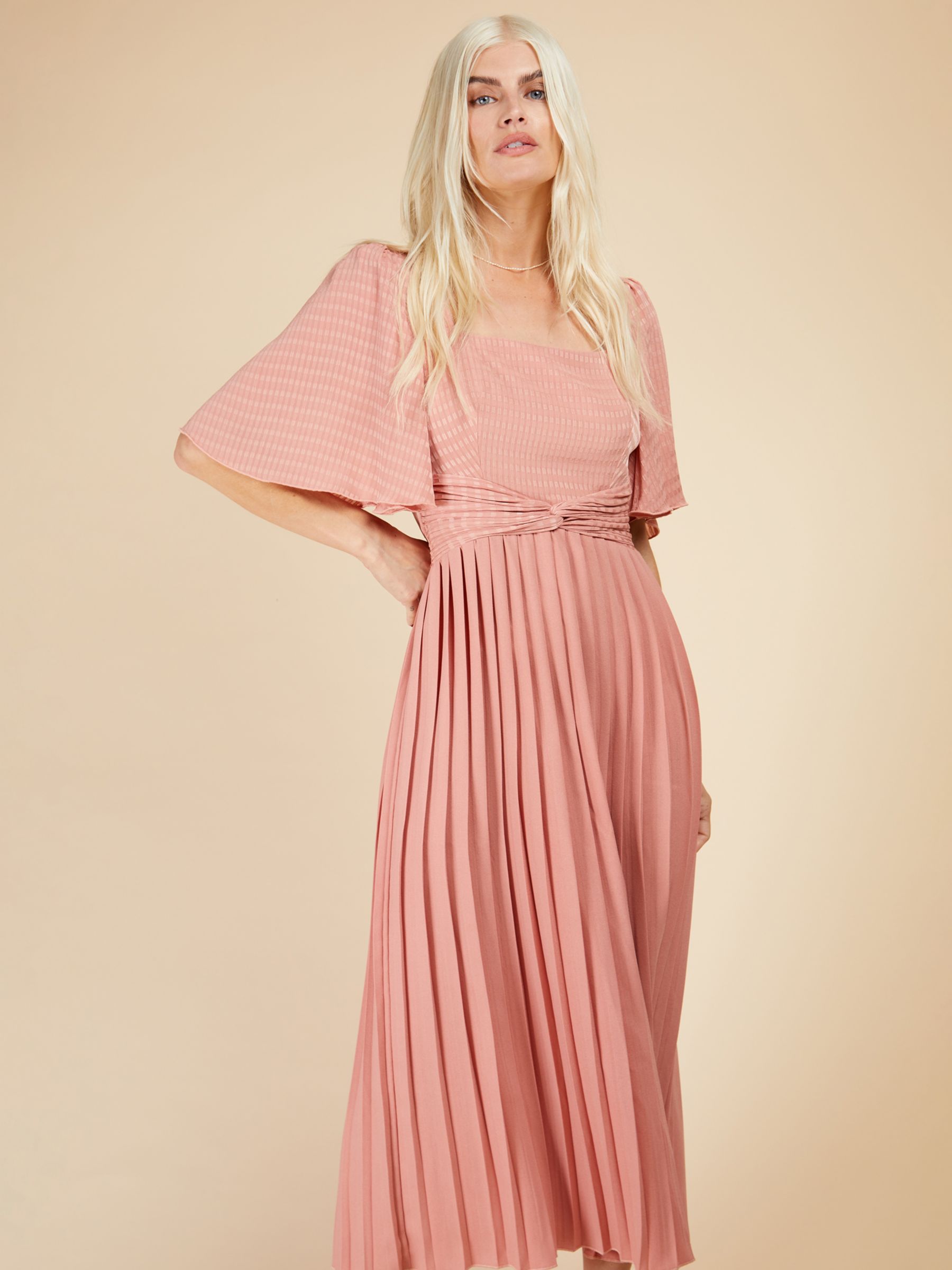 Little Mistress Check And Pleated Hem Midi Dress, Coral Rose