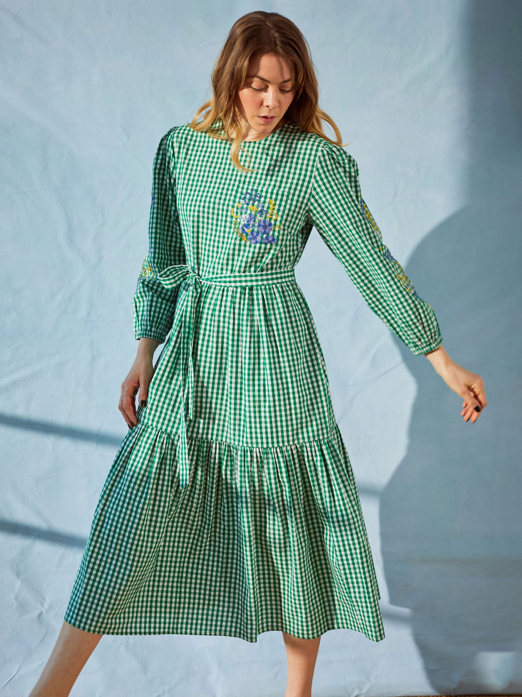 Cape Cove Embroidered Tiered Gingham Dress