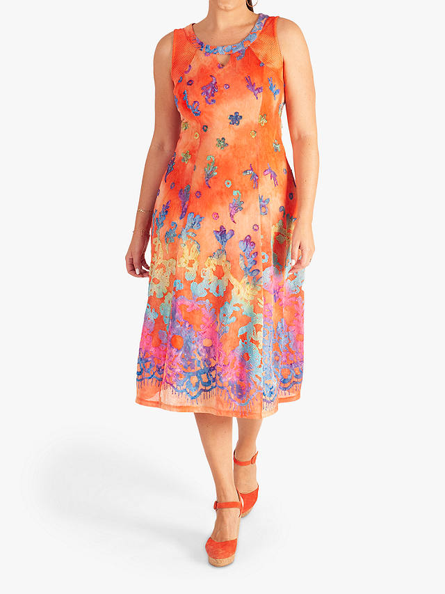 chesca Floral Burnout Cut-Out Detail Sleeveless Midi Dress, Orange/Multi