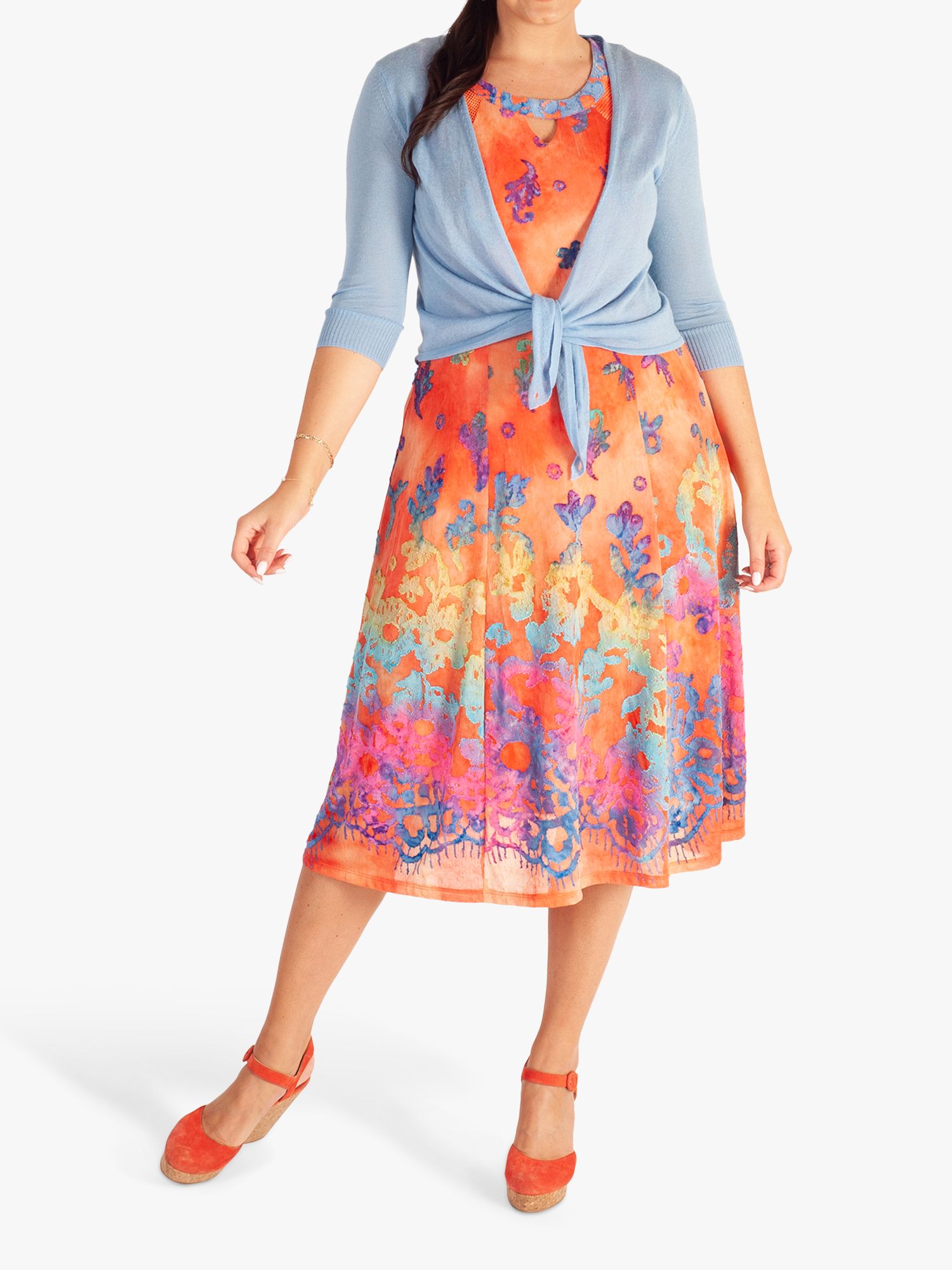 chesca Floral Burnout Cut-Out Detail Sleeveless Midi Dress , Orange/Multi, 12-14