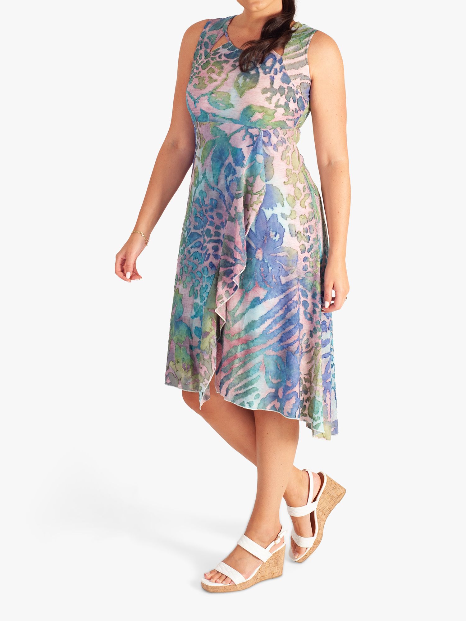 Floral Burnout Faux Wrap Detail Sleeveless Dress, Pink/Multi, 16-18
