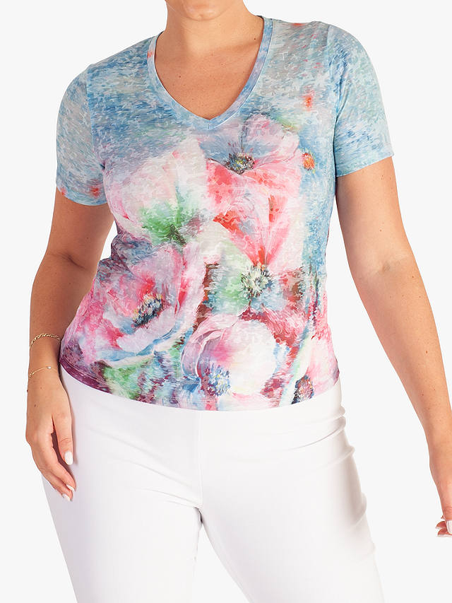 chesca Floral V-Neck T-Shirt, Sky/Pink