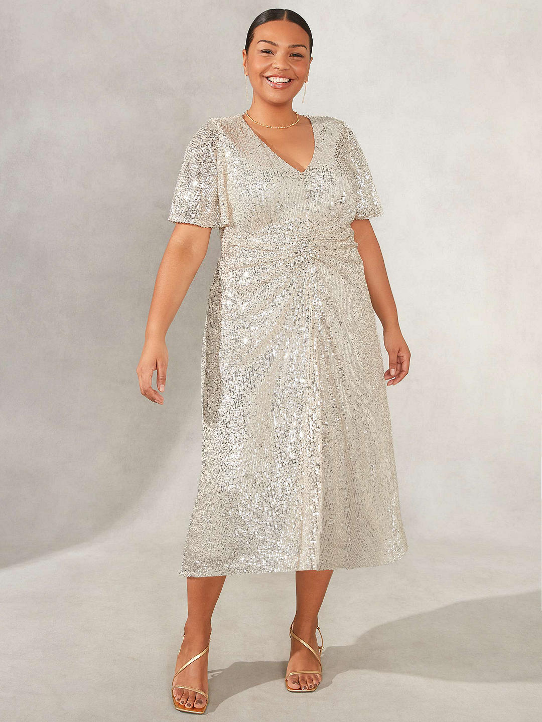 Live Unlimited Curve Champagne Ruched Front Sequin Dress, Natural