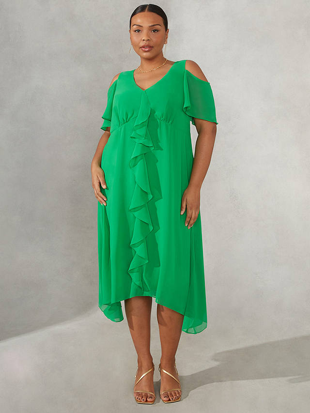 Live Unlimited Curve Ruffle Frill Front Cold Shoulder Dress, Green