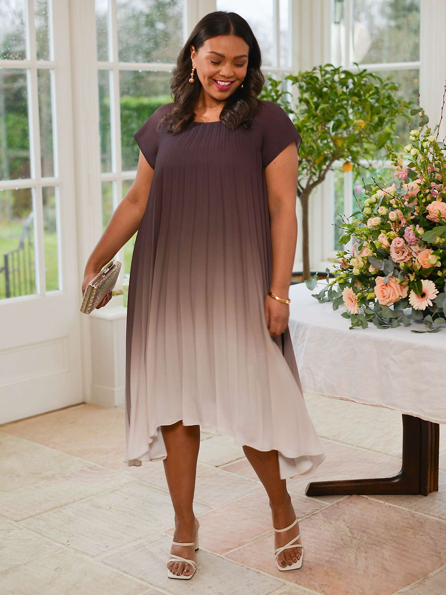 Buy Live Unlimited Curve Ombre Pleated Swing Midi Dress, Brown Online at johnlewis.com