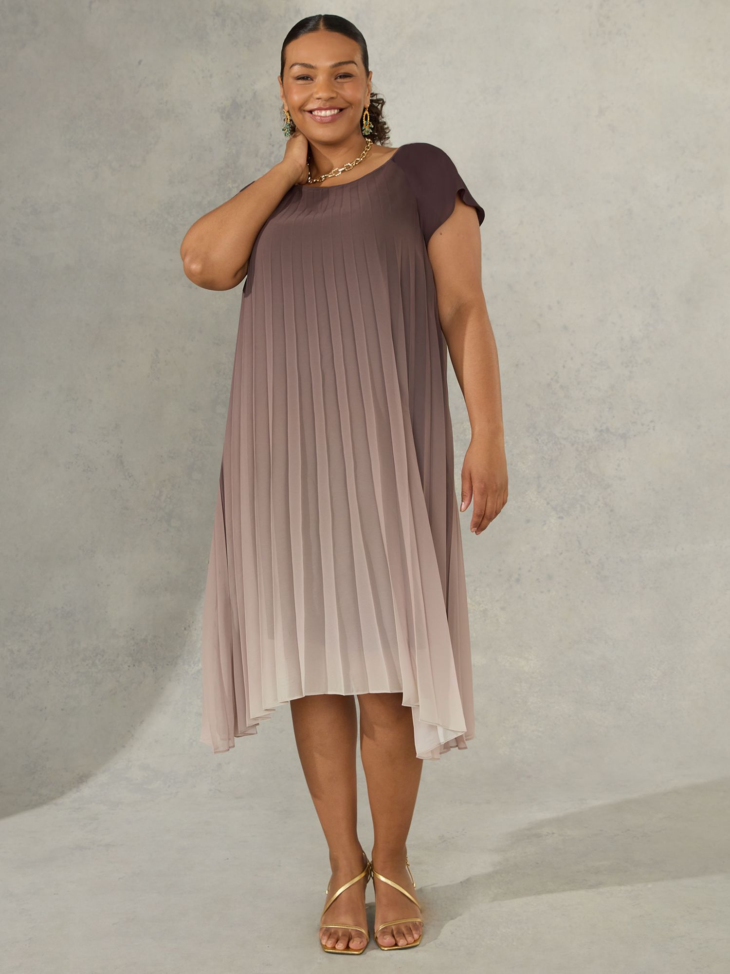 Buy Live Unlimited Curve Ombre Pleated Swing Midi Dress, Brown Online at johnlewis.com