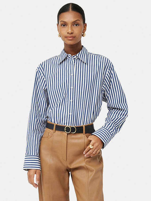 Jigsaw Cotton Poplin Stripe Shirt, White/Blue