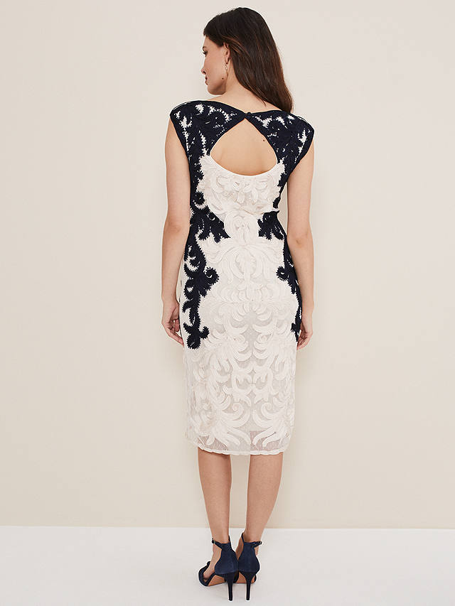 Phase Eight Salima Lace Embroidered Pencil Dress, Navy/Ivory