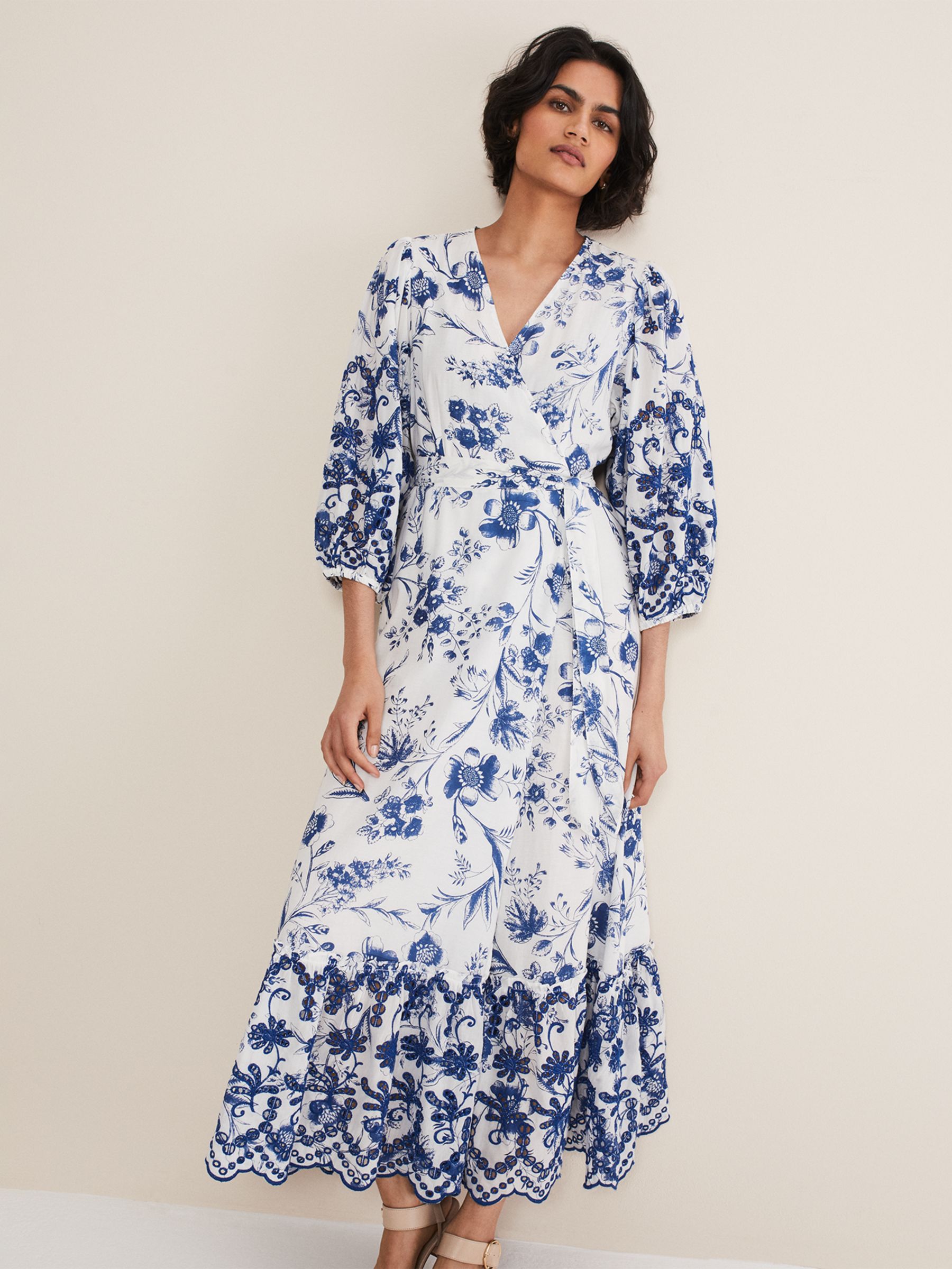 Phase Eight Abriella Floral Midi Dress, Blue/White at John Lewis & Partners