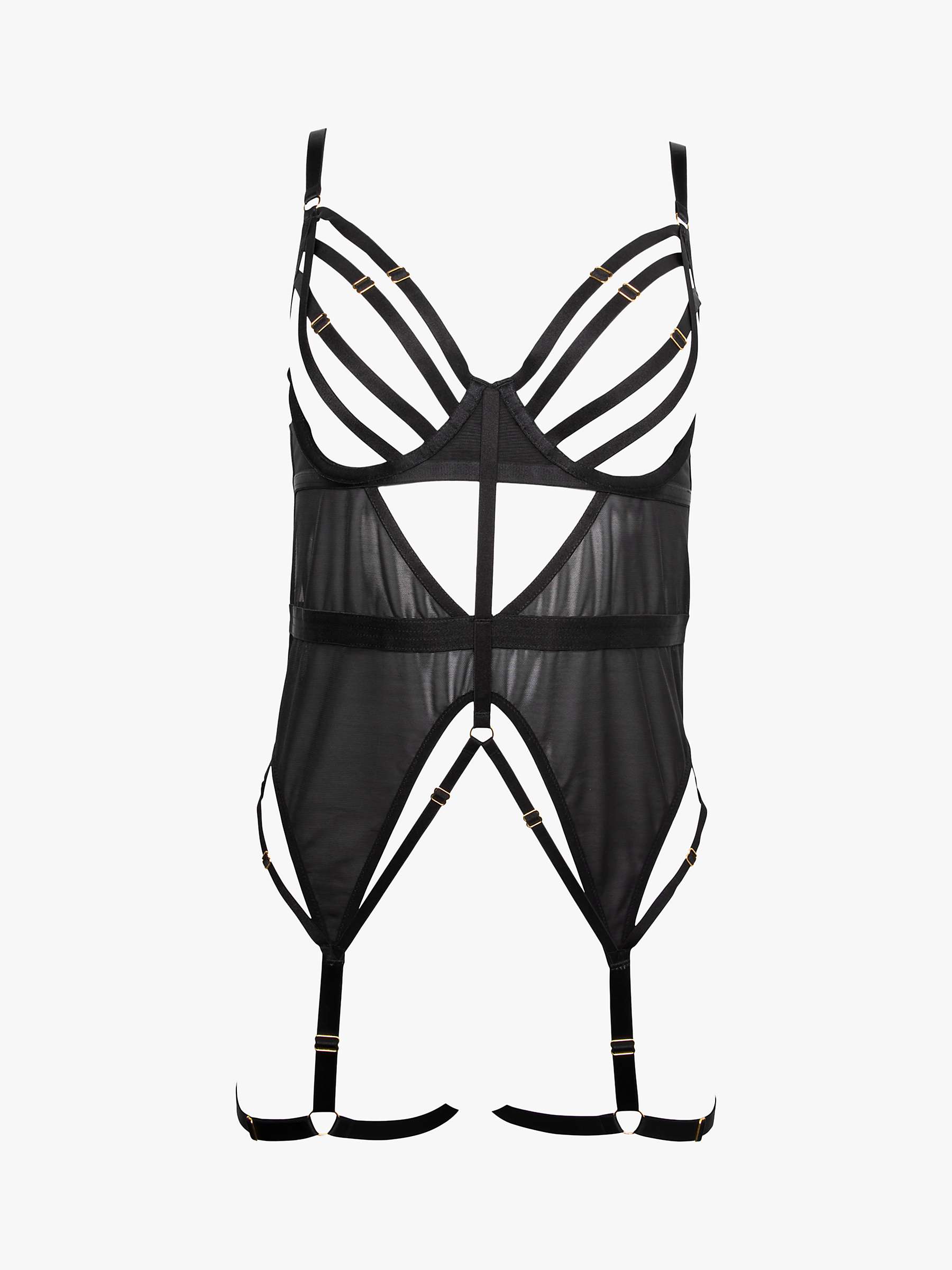 Wolf & Whistle Chantal Wired Mesh Basque with Leg Harness, Black at ...