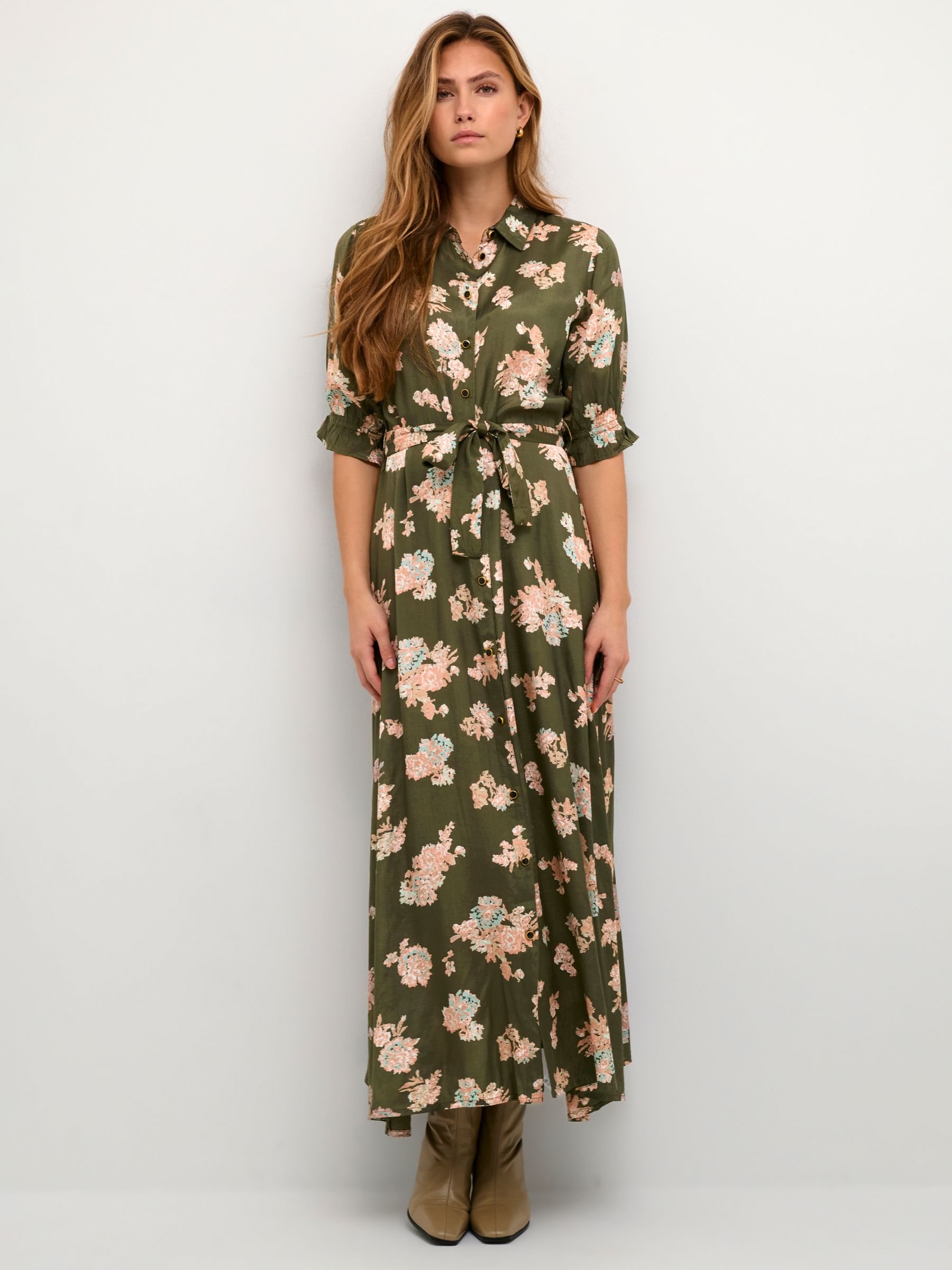 KAFFE Velana Floral Print Maxi Dress, Green/Multi, Grape Leaf, 8