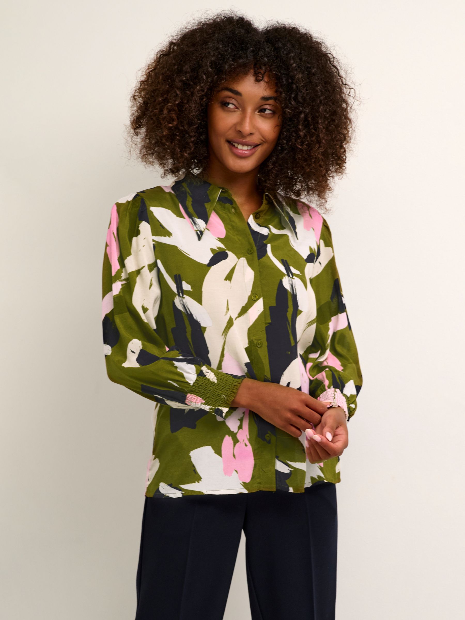 KAFFE Ninna Cropped Sleeve Shirt, Green/Multi at John Lewis & Partners