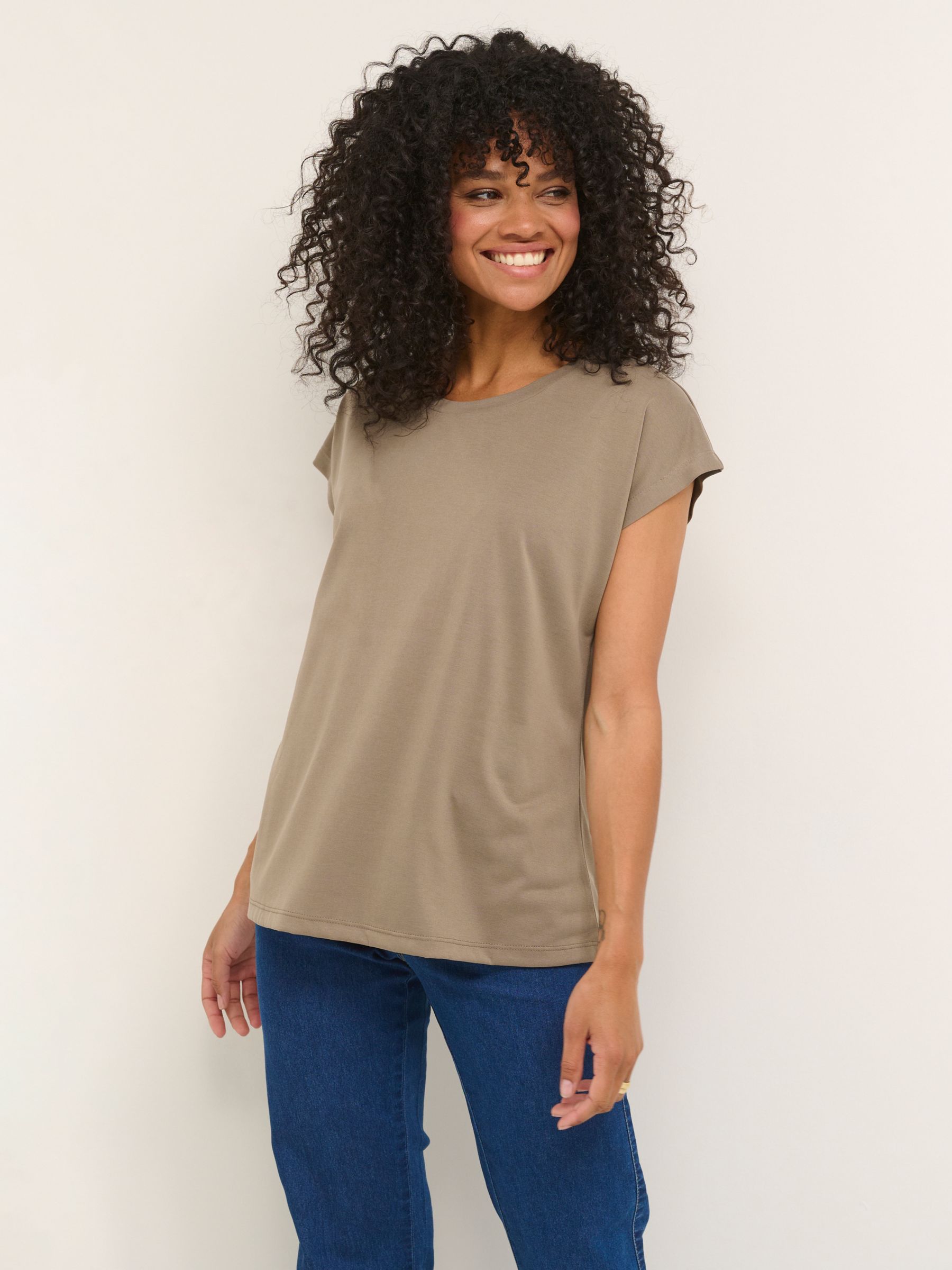 Buy KAFFE Lise Marie Cap Sleeve T-Shirt, Taupe Brown Online at johnlewis.com