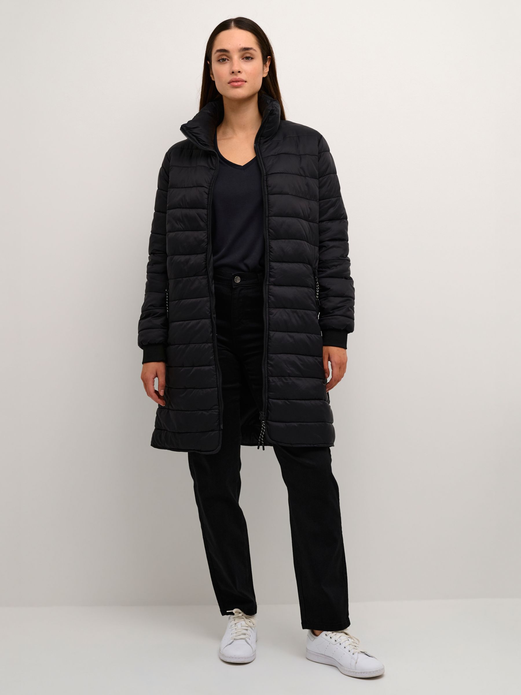 KAFFE Lira Zipped Long Puffer Jacket, Black Deep at John Lewis & Partners