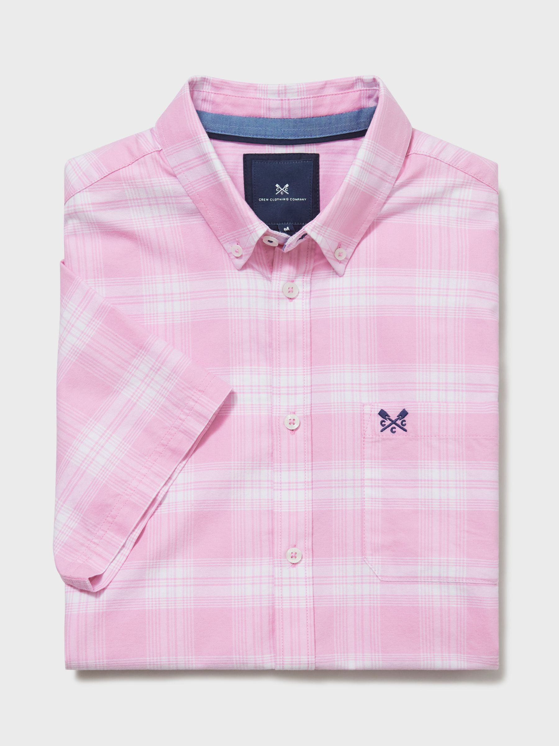 Crew Clothing Short Sleeve Check Oxford Shirt, Pastel Pink at John ...
