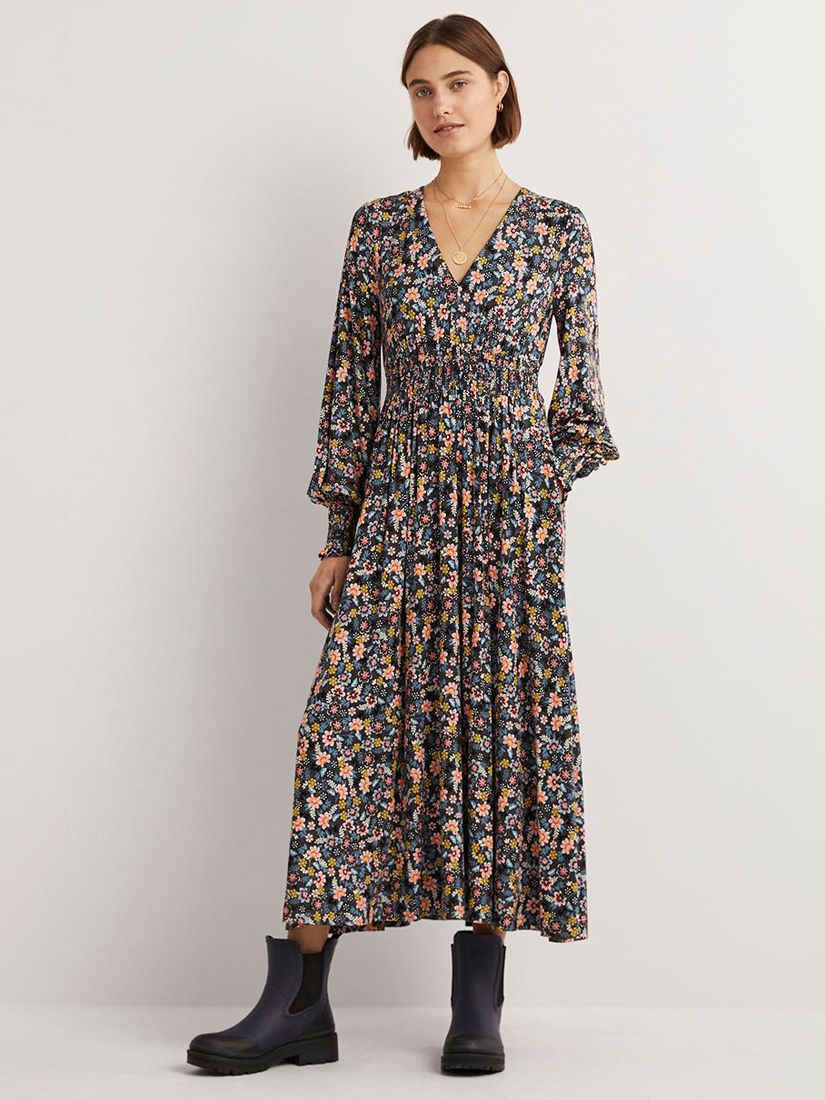 Boden Floral Smocked Jersey Maxi Dress, Graphite Leaf/Multi at John ...