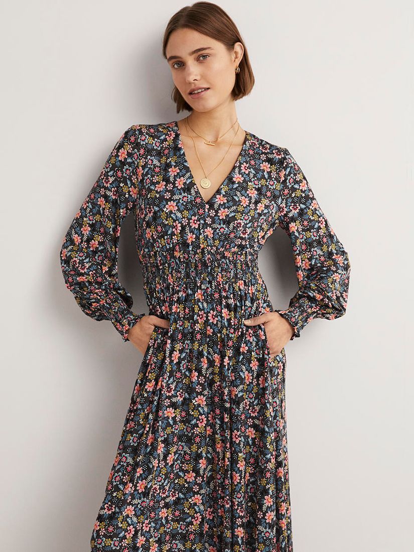 Boden Floral Smocked Jersey Maxi Dress, Graphite Leaf/Multi at John ...