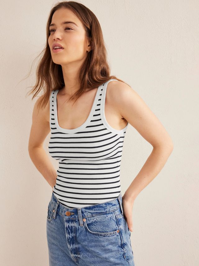 Boden Scoop Neck Ribbed Tank Top, Ivory/Navy, XS