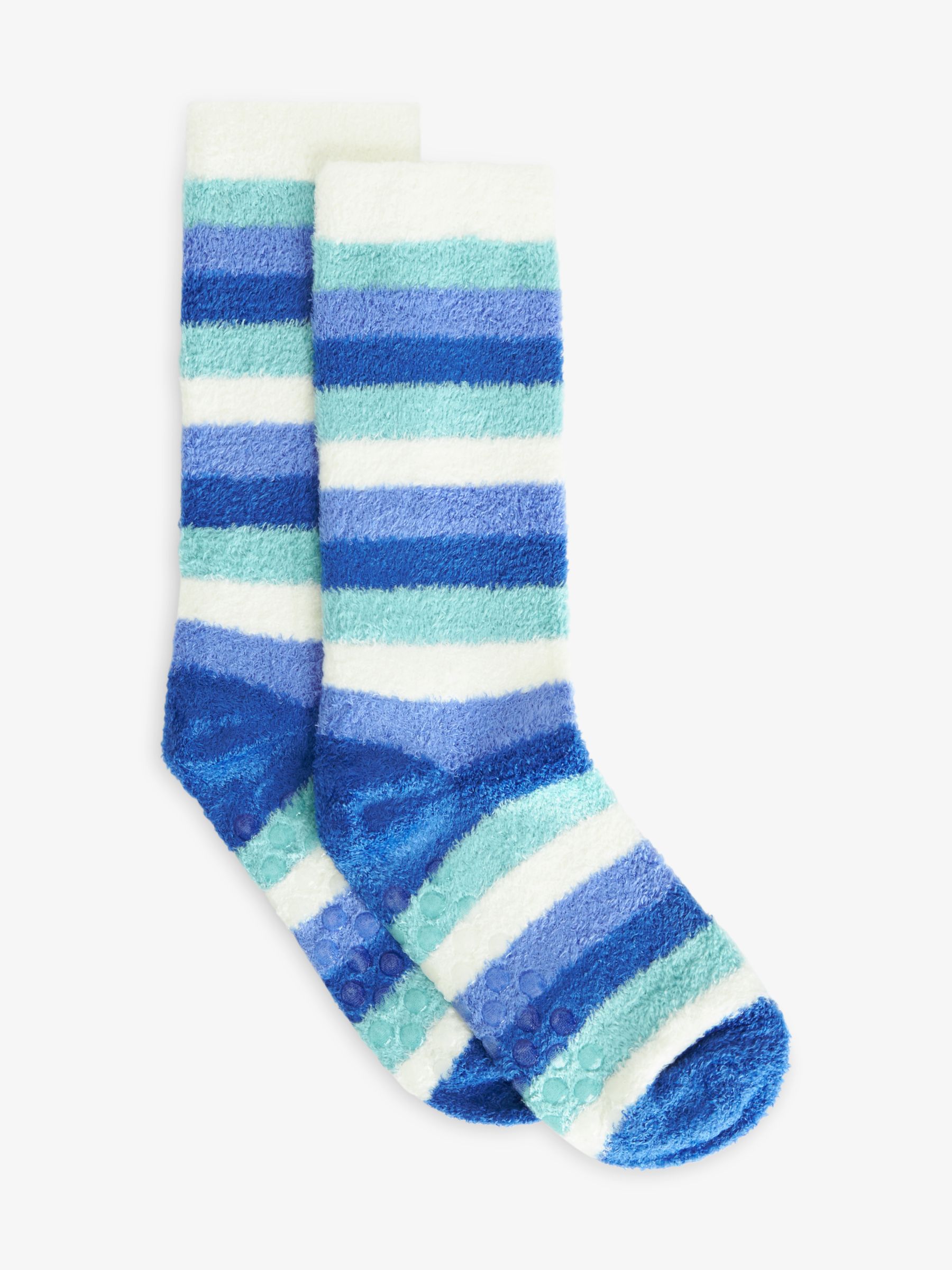 John Lewis Kids' Stripe Fluffy Slipper Socks, Blue/Multi, 6-8.5 Jnr