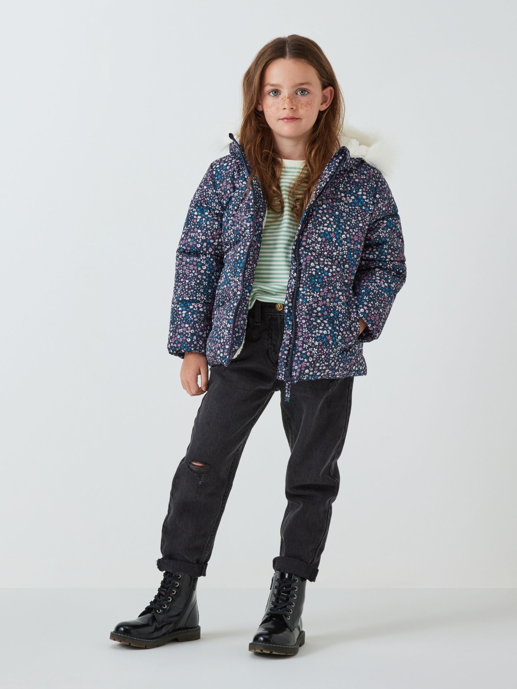 John Lewis Kids' Floral Print Padded Jacket, Navy