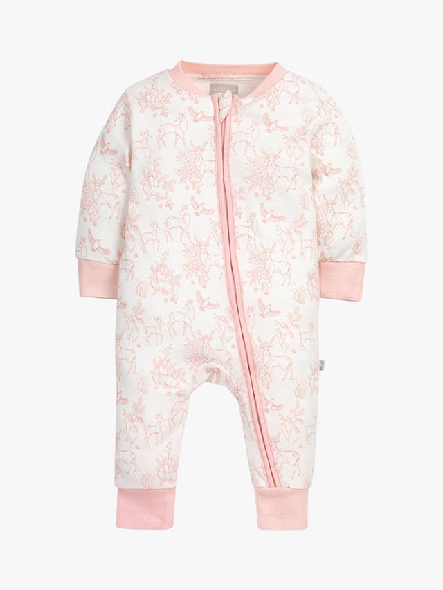 The Little Tailor Baby Woodland Print Zip-Through Sleepsuit, Pink