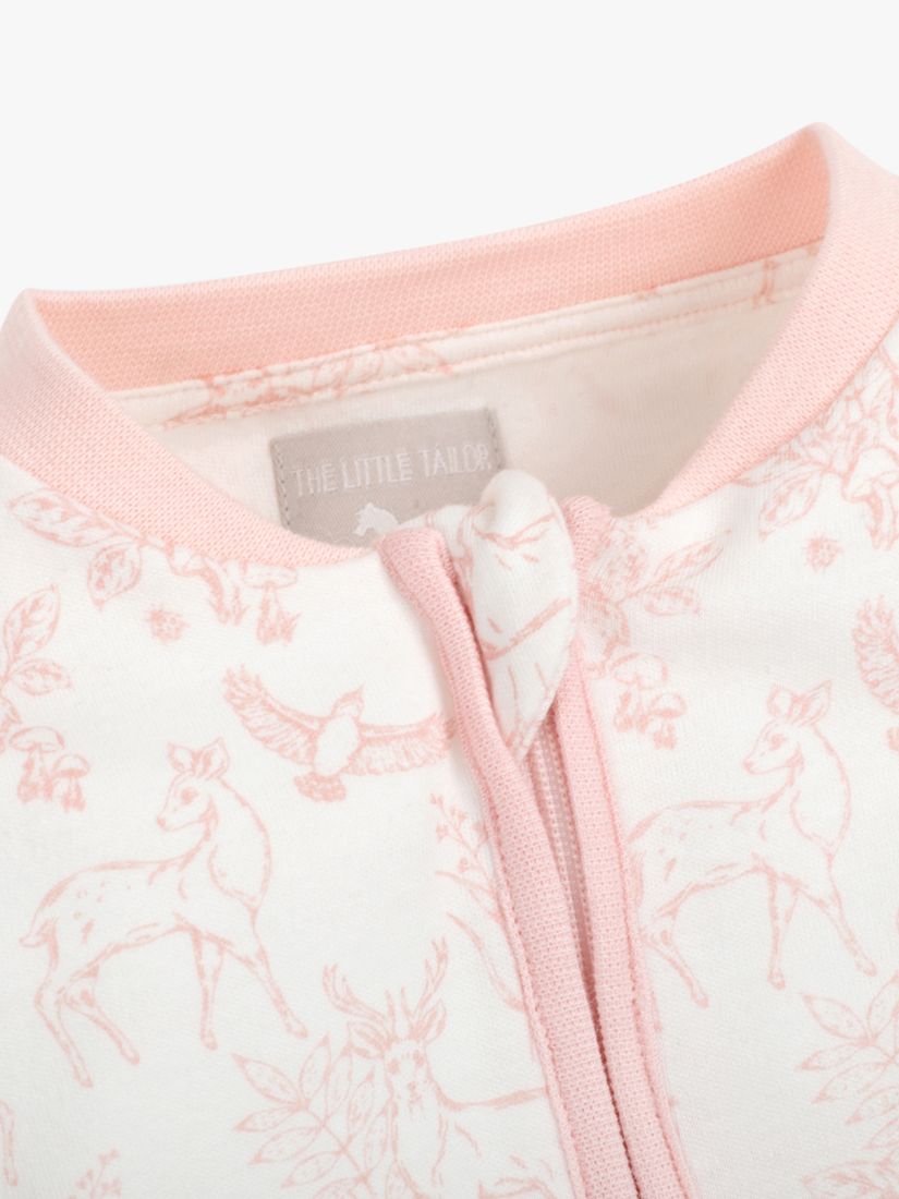 The Little Tailor Baby Woodland Print Zip-Through Sleepsuit, Pink, 0-3 months