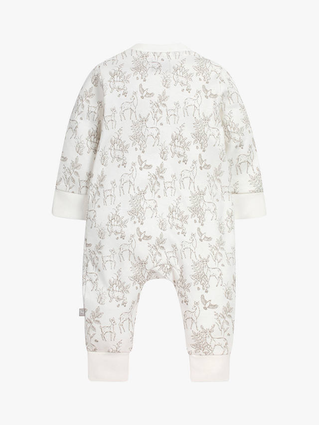 The Little Tailor Baby Woodland Print Zip-Through Sleepsuit, White