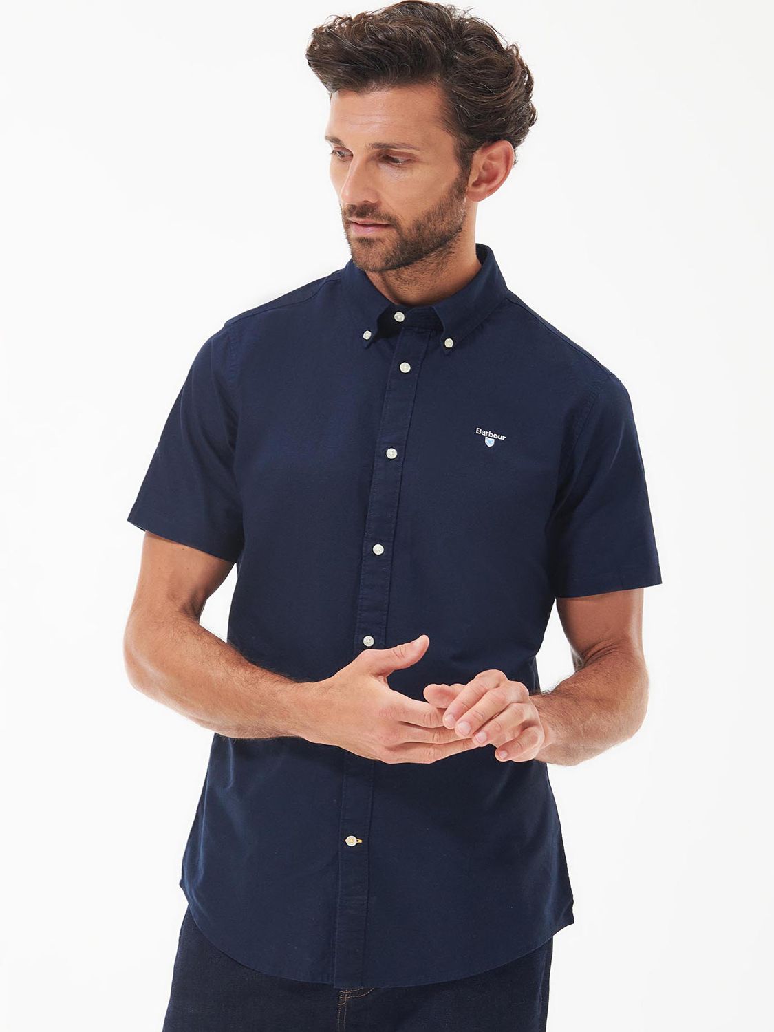 Barbour Oxford Cotton Short Sleeve Shirt, Navy at John Lewis & Partners