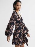 Reiss Kerina Floral Print V-Neck Balloon Sleeve Mini Dress, Pink/Black