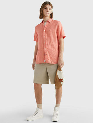 Tommy Hilfiger Linen Short Sleeve Shirt, Peach Dusk