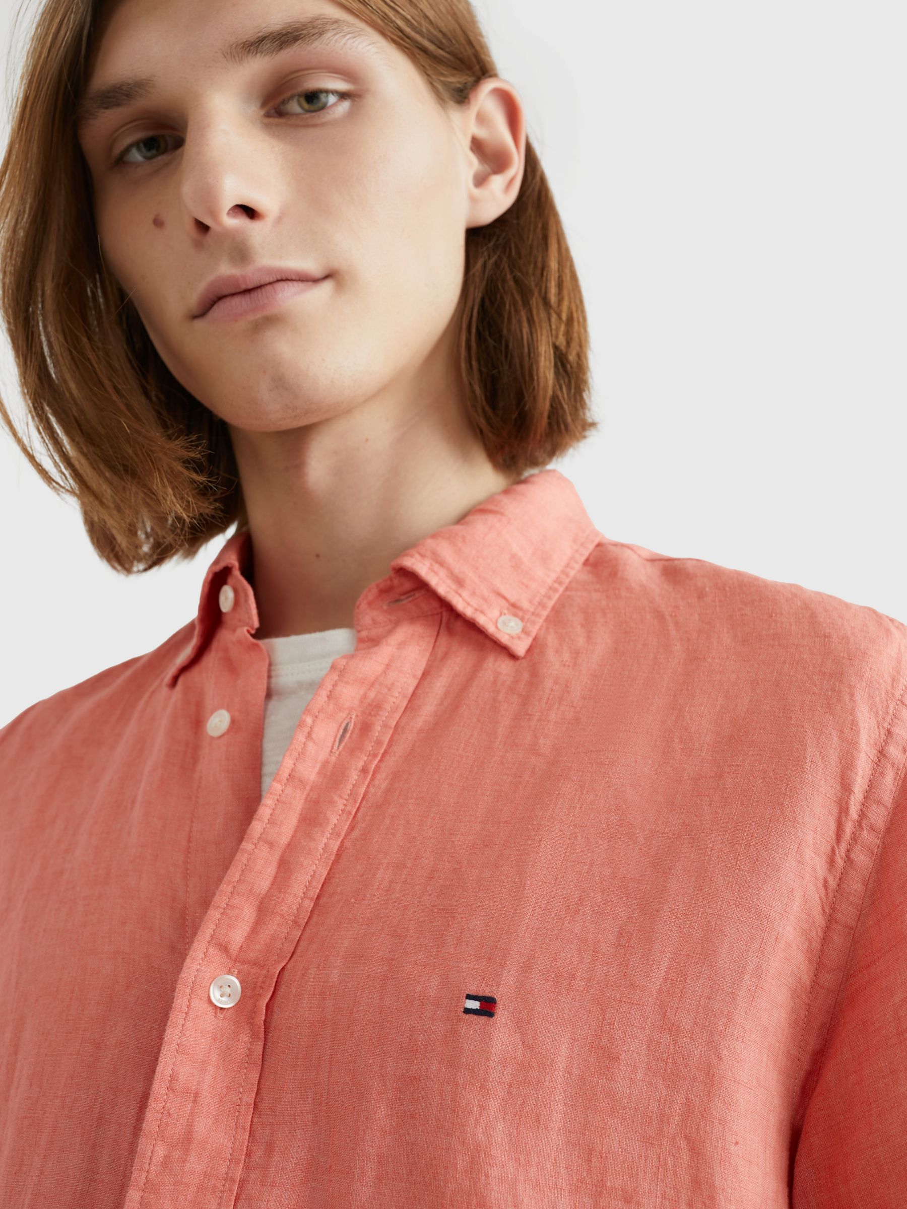 Tommy Hilfiger Linen Short Sleeve Shirt, Peach Dusk at John Lewis & Partners