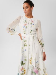 Hobbs Maribella Floral Silk Midi Dress, Ivory/Multi, 6