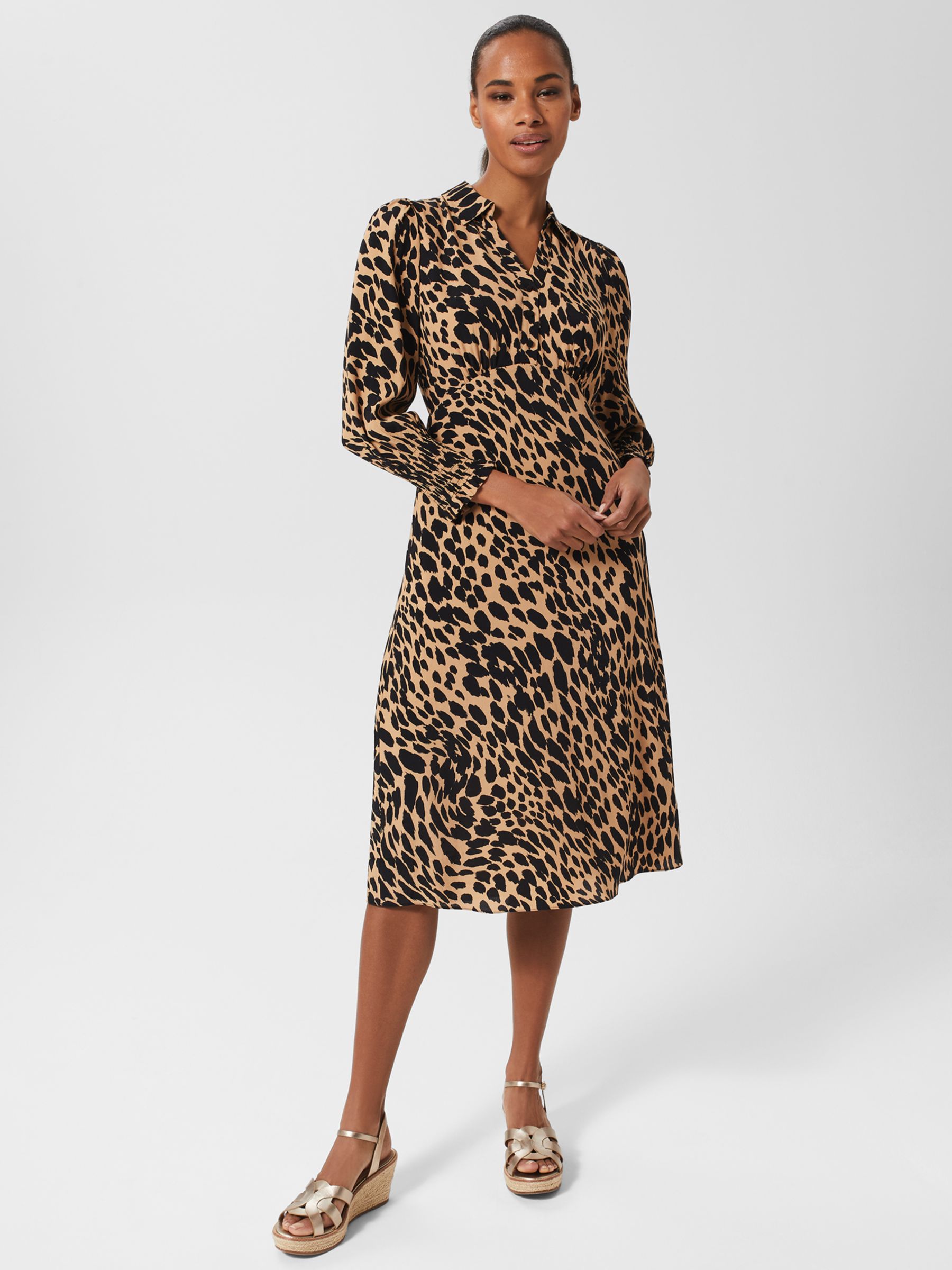 Hobbs Ariel Animal Print Midi Dress Camel Black at John Lewis