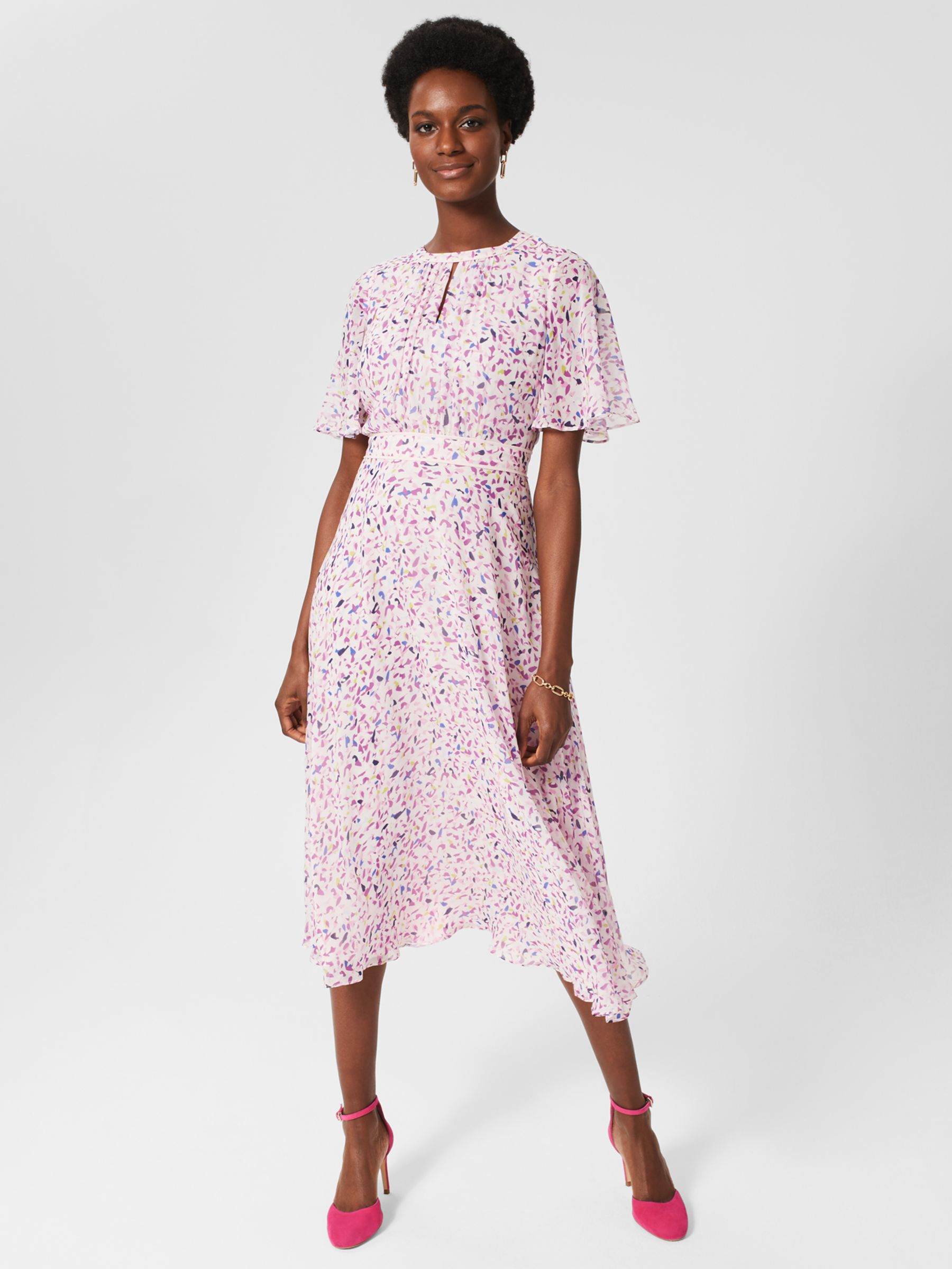 Hobbs Lisette Petite Abstract Print Midi Silk Dress, Pale Pink/Multi, 18