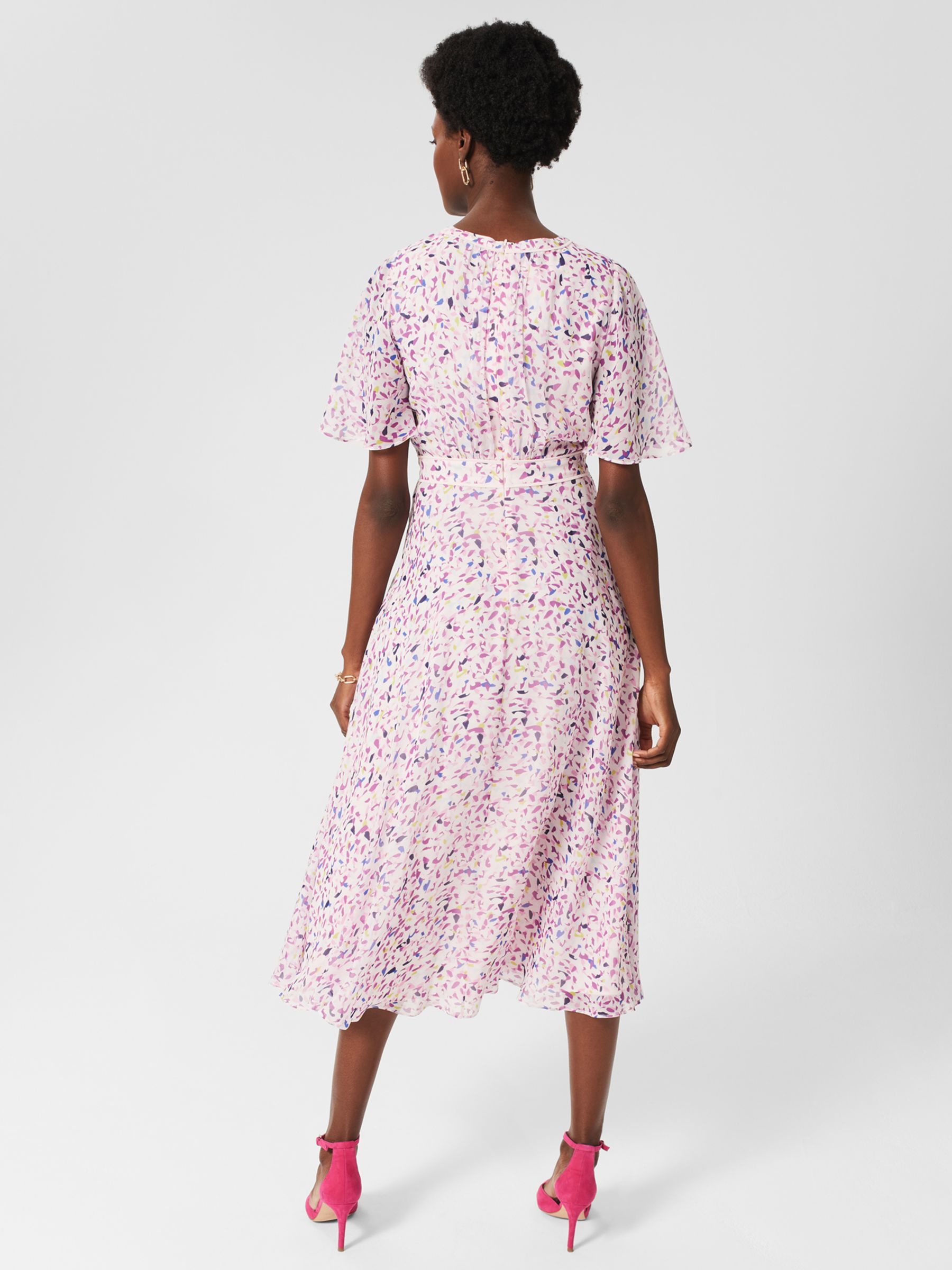 Hobbs Lisette Petite Abstract Print Midi Silk Dress, Pale Pink/Multi, 18