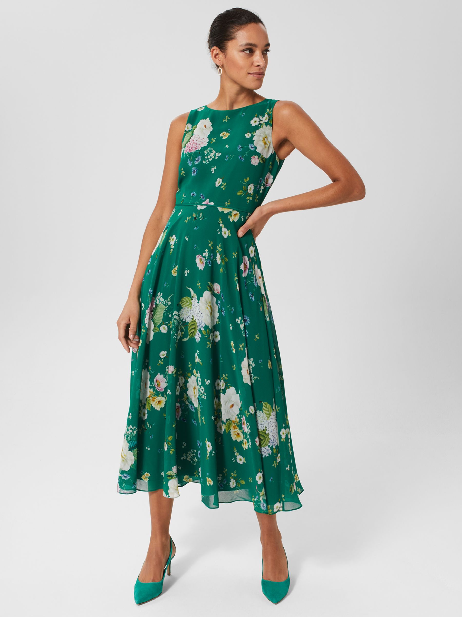 Hobbs Carly Floral Midi Dress, Green/Multi at John Lewis & Partners