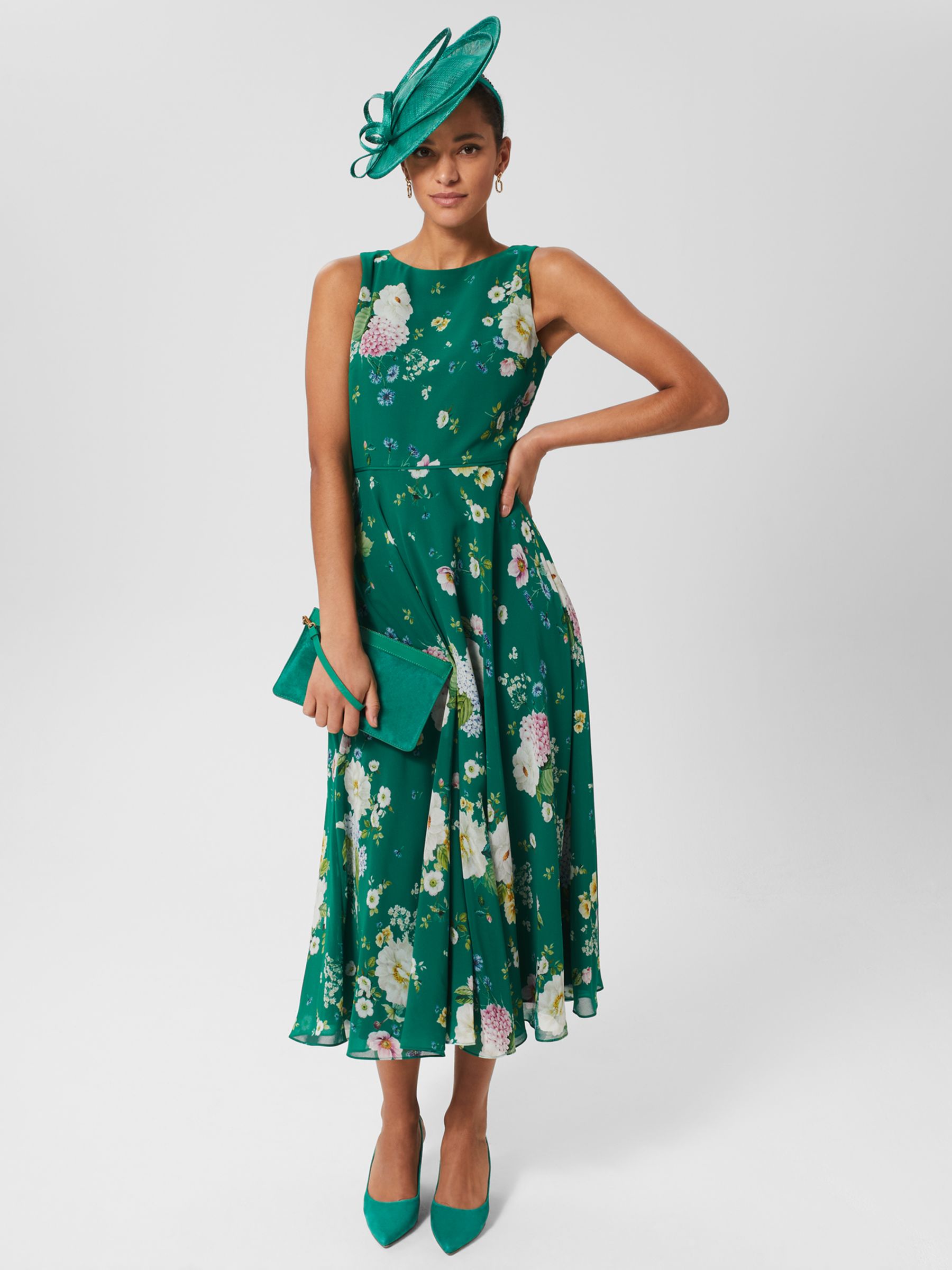 Hobbs Petite Carly Midi Dress, Green/Multi, 16