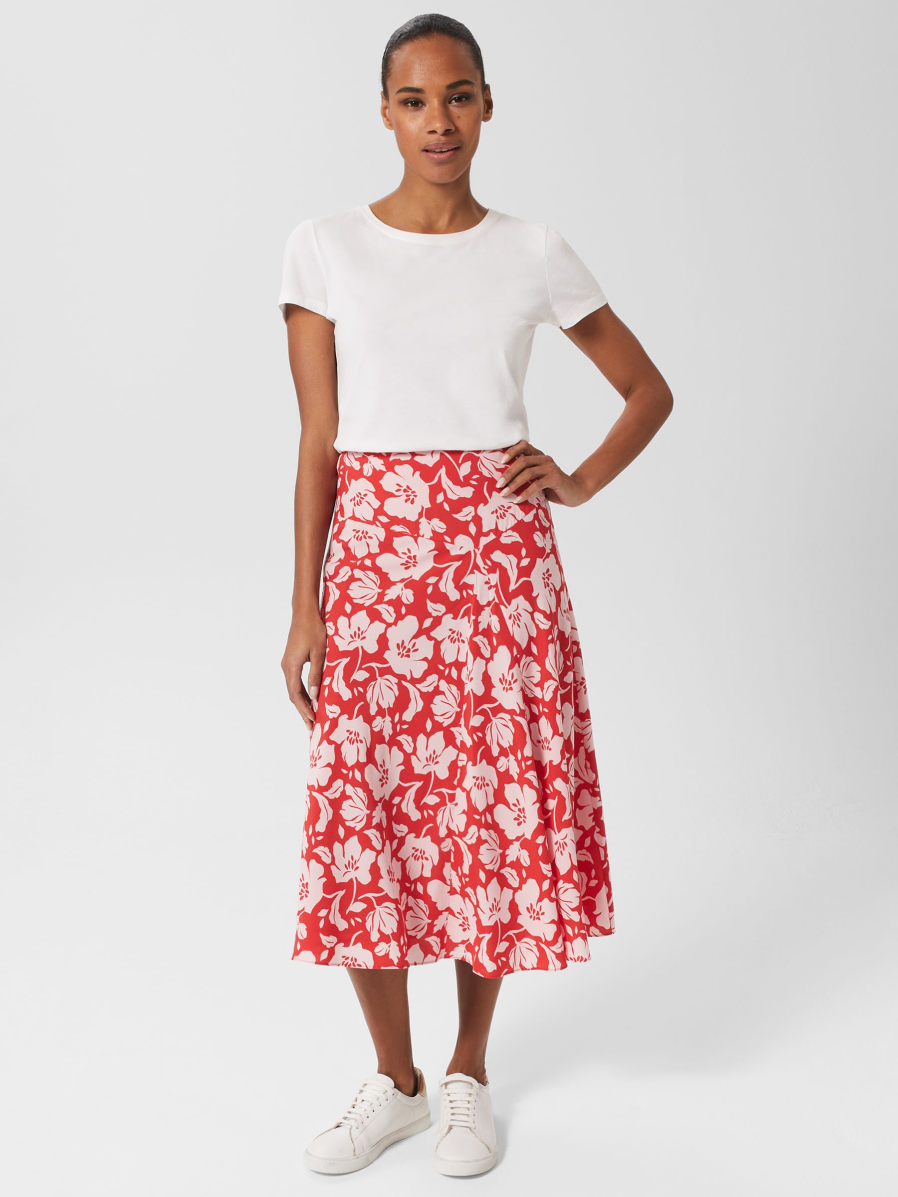 Hobbs Angie Floral Midi Skirt, Red/Pink at John Lewis & Partners