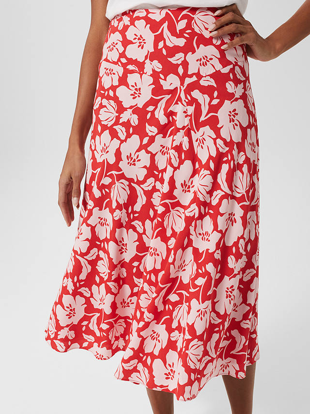 Hobbs Angie Floral Midi Skirt, Red/Pink