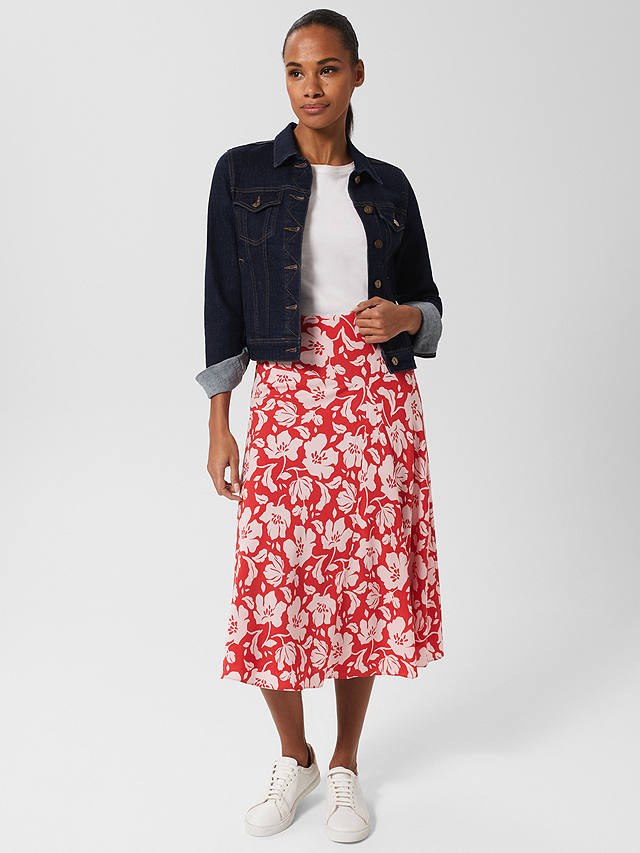 Hobbs Angie Floral Midi Skirt, Red/Pink