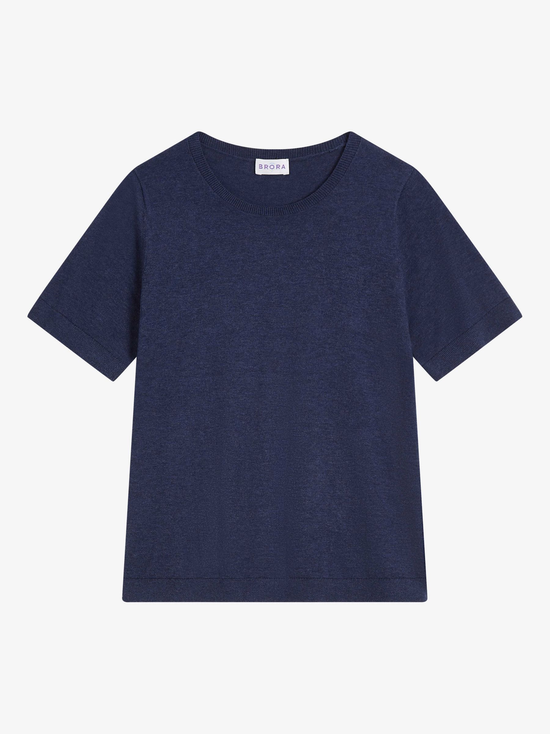 Brora Cotton Knit Classic Crew T-Shirt, Navy, 6