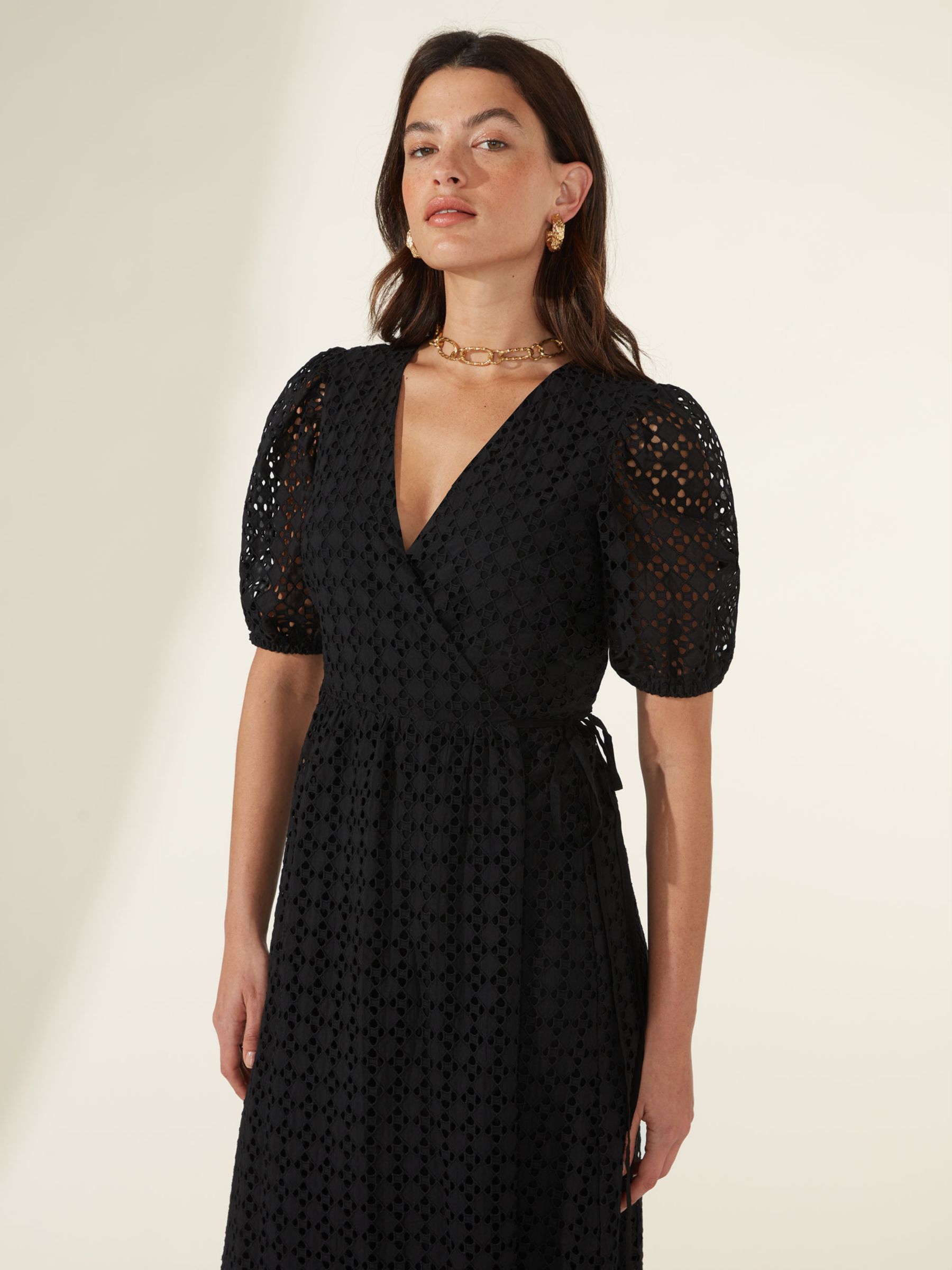 Buy Ro&Zo Puff Sleeve Midi Broderie Dress, Black Online at johnlewis.com