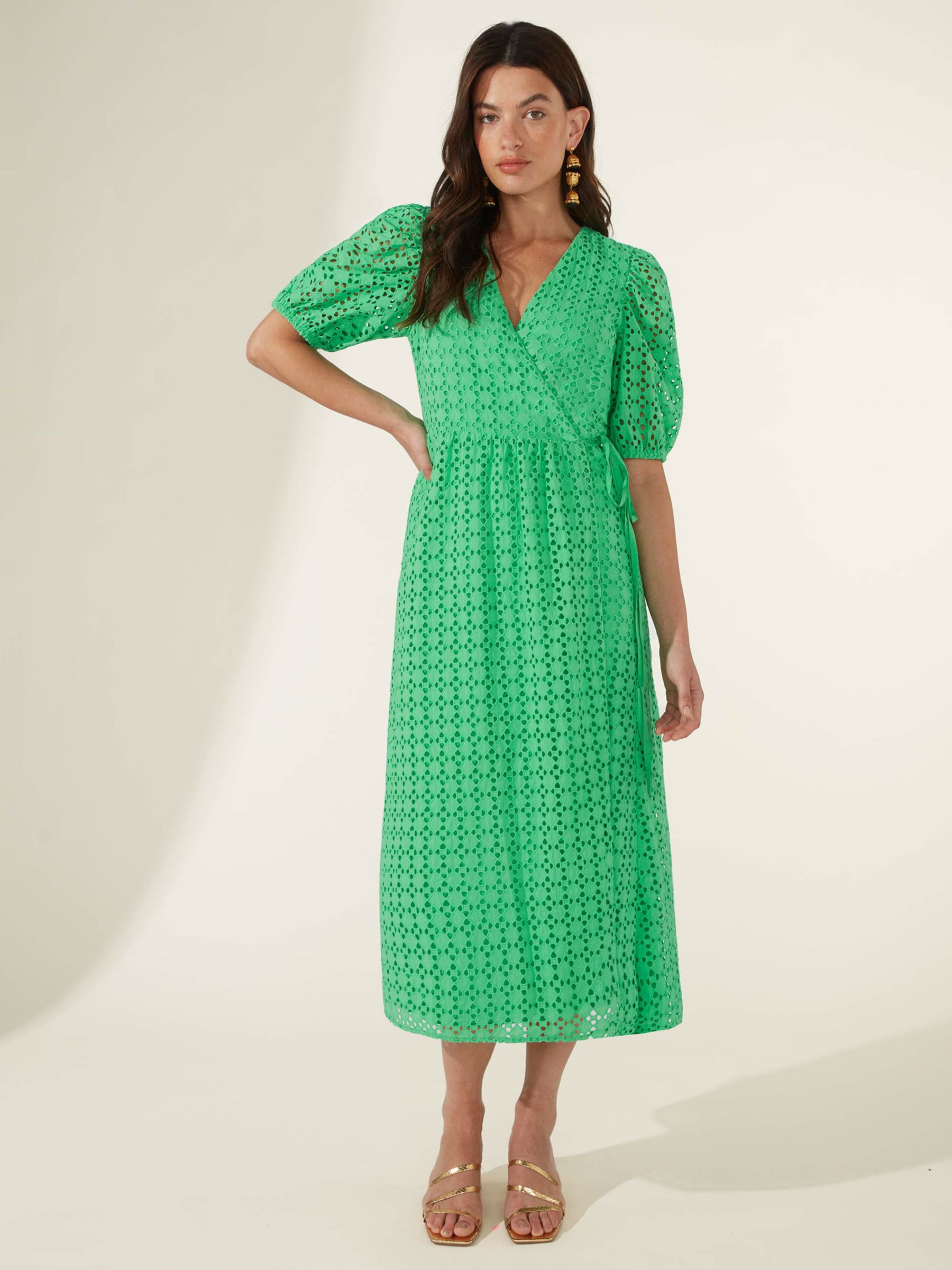 Ro&Zo Broderie Anglaise Puff Sleeve Midi Dress, Green at John Lewis ...