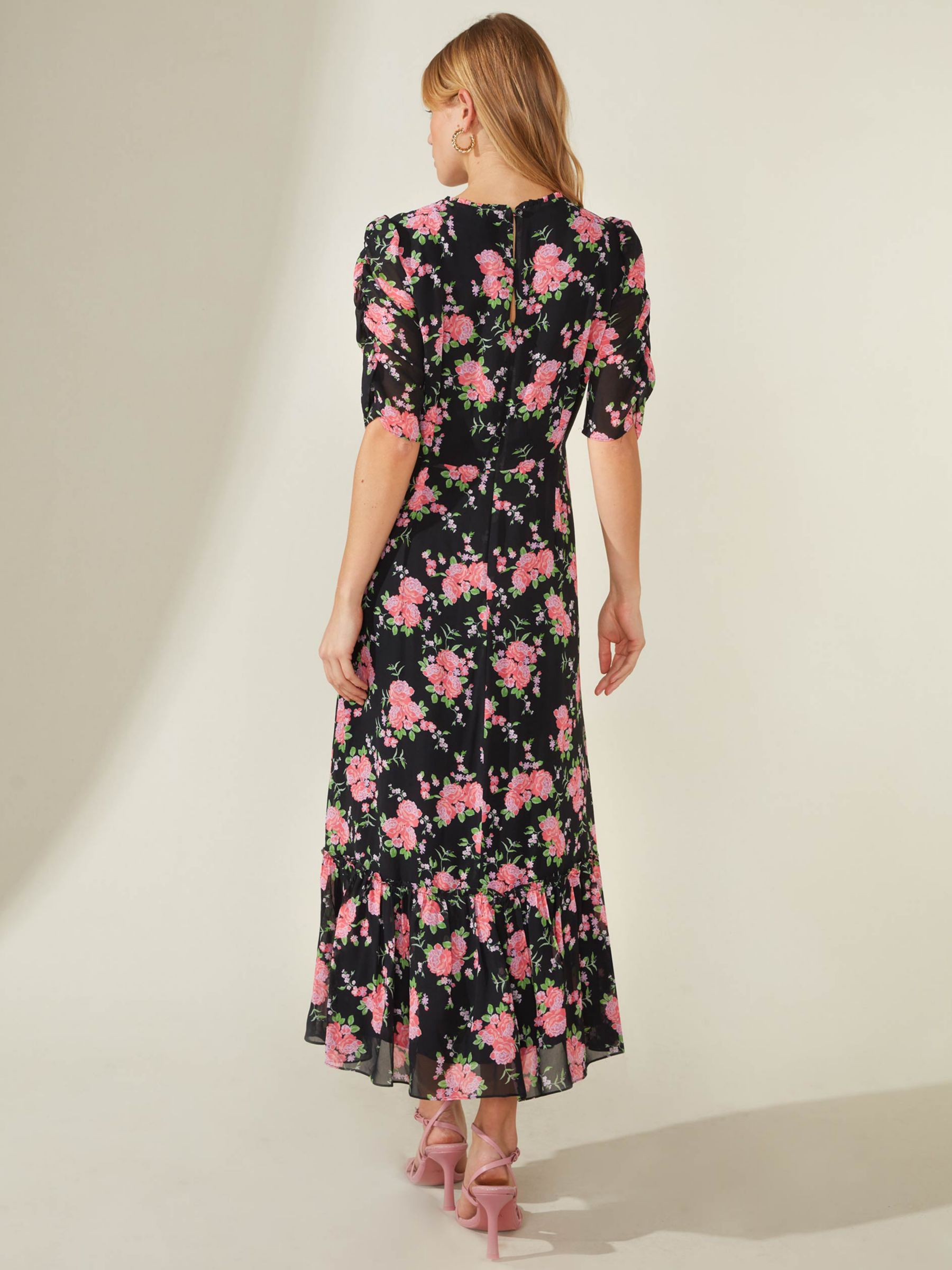 Ro&Zo Floral Frill Neck Midi Dress, Black/Multi at John Lewis & Partners