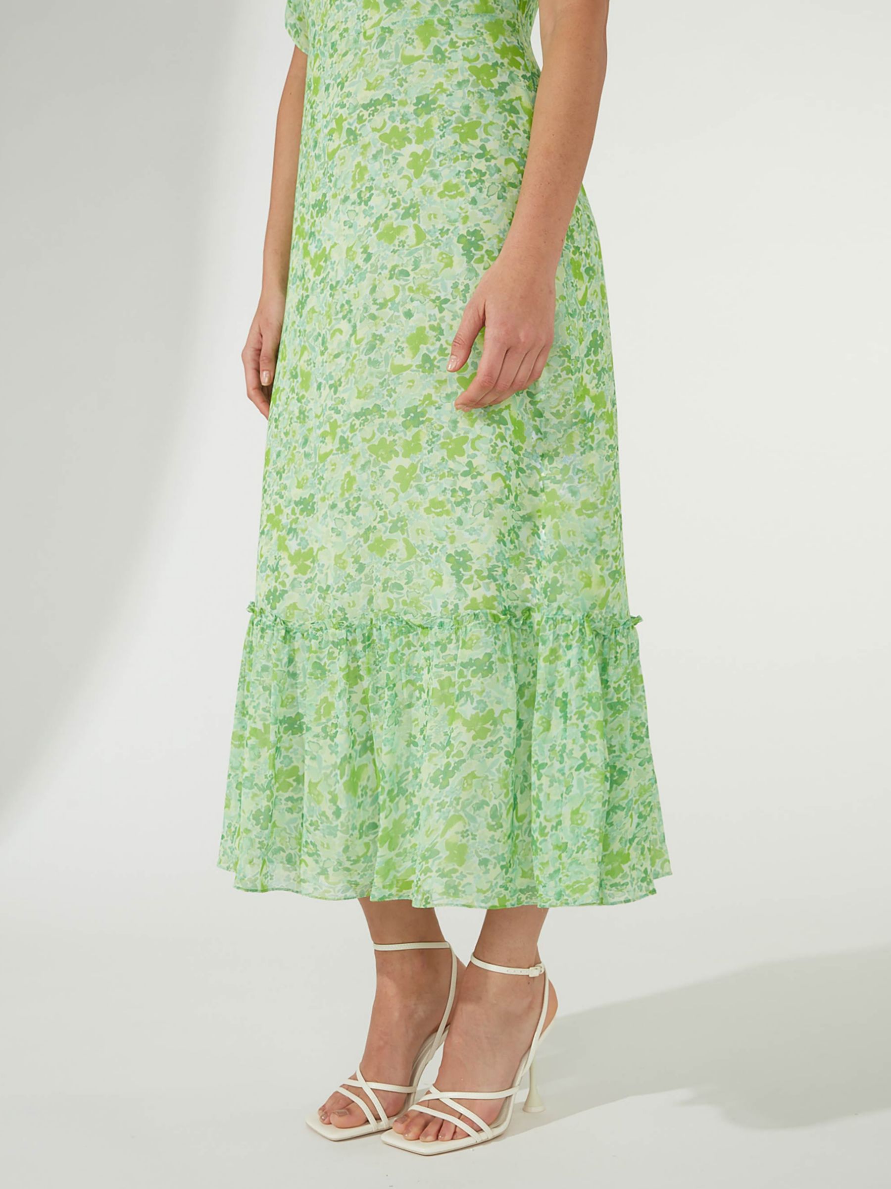 Ro&Zo Floral Frill Neck Midi Dress, Green at John Lewis & Partners