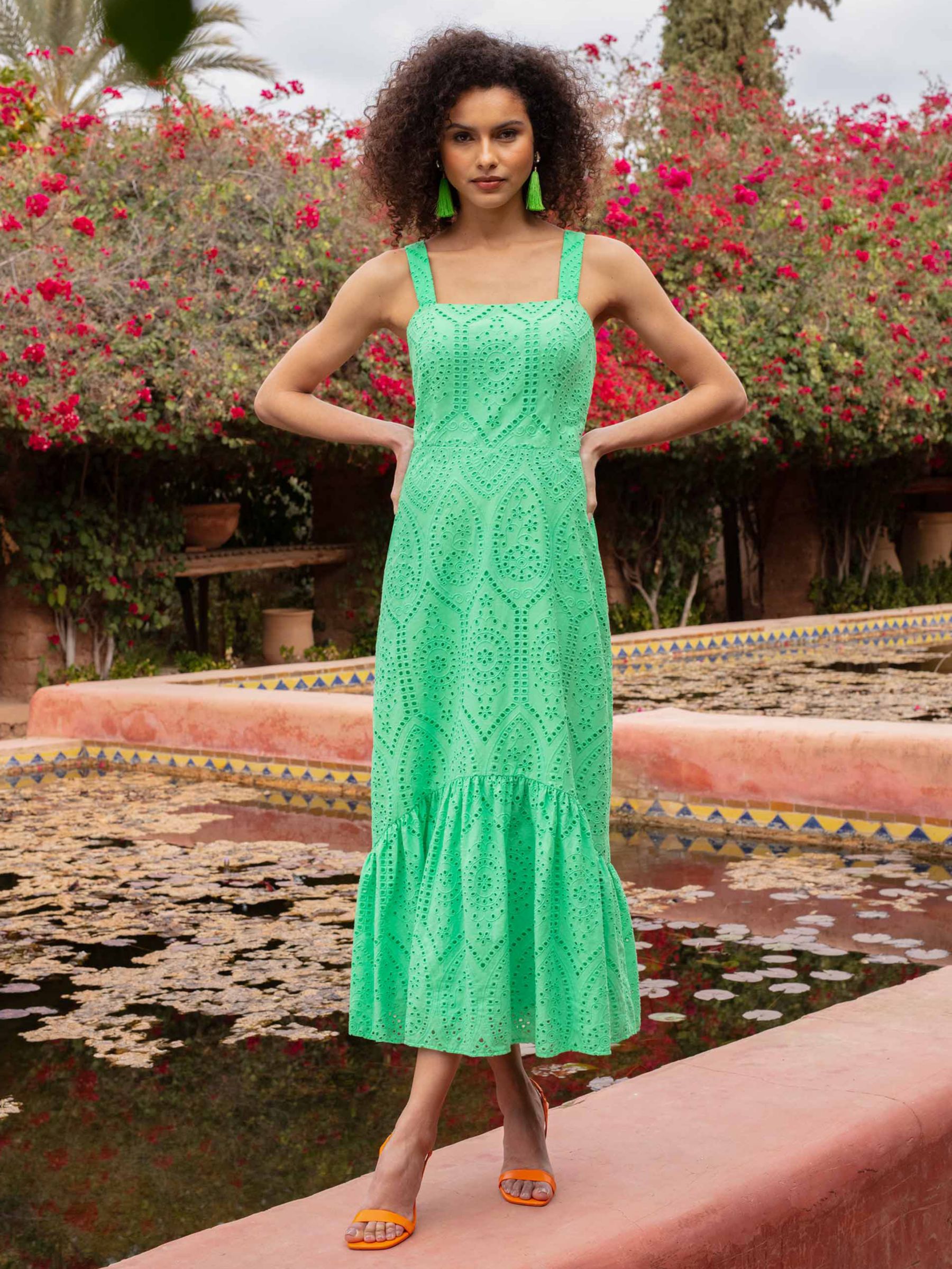 Ro&Zo Strappy Broderie Anglaise Volume Hem Maxi Dress, Green, 12