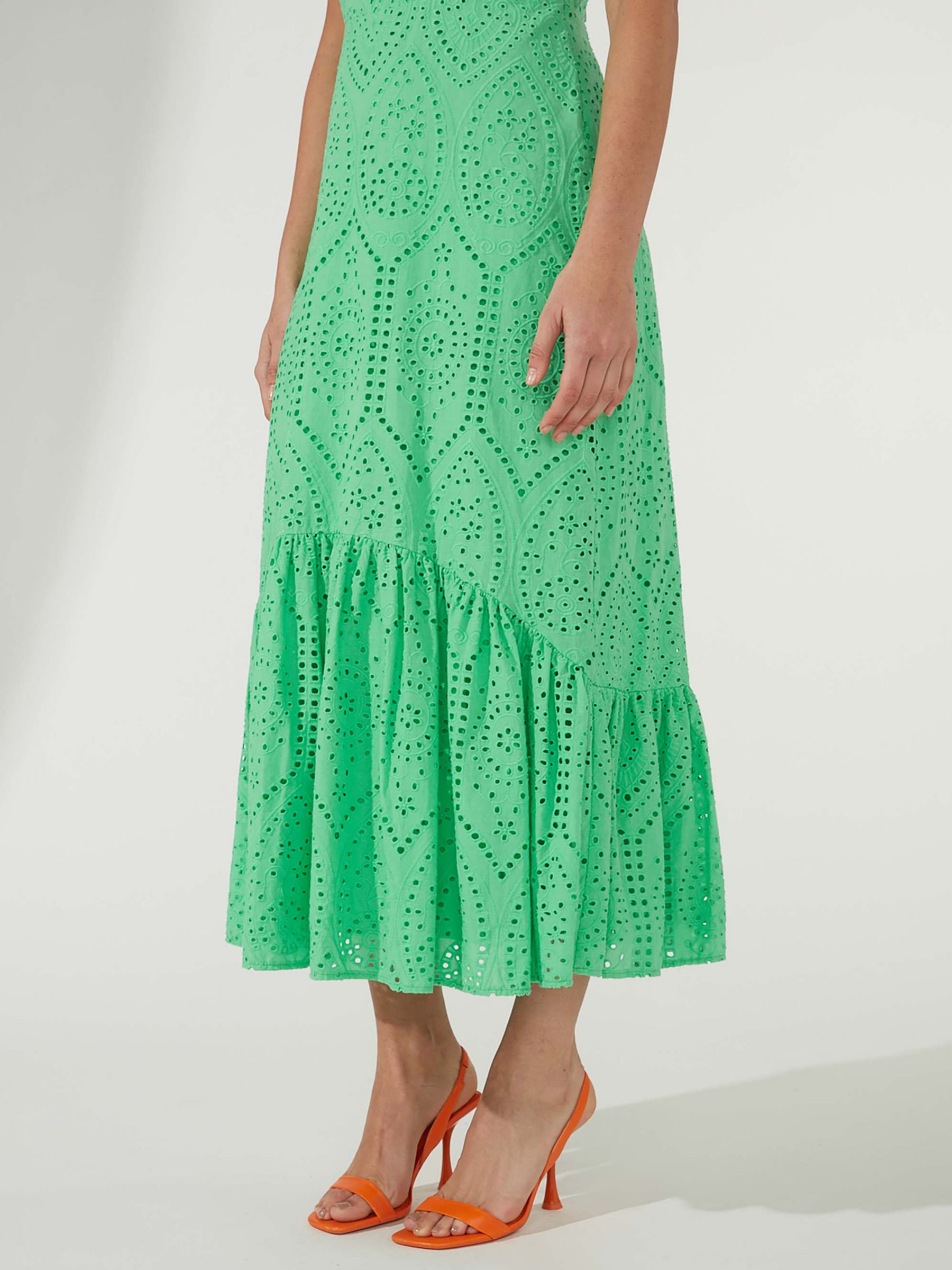 Ro&Zo Strappy Broderie Anglaise Volume Hem Maxi Dress, Green, 12