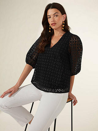 Ro&Zo Broderie Lace Puff Sleeve Blouse, Black